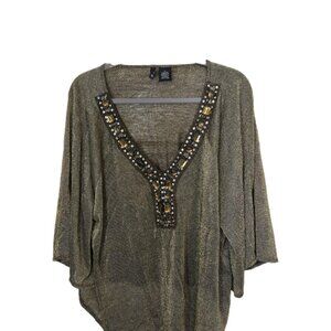 New Direction Top Womens 1X Gold Sheer Detail Kimono Style Gatsby Witchy Party